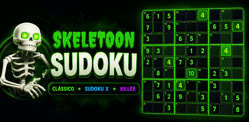 Arte do Skeletoon Sudoku com esqueleto, título, modos de jogo e tabuleiro